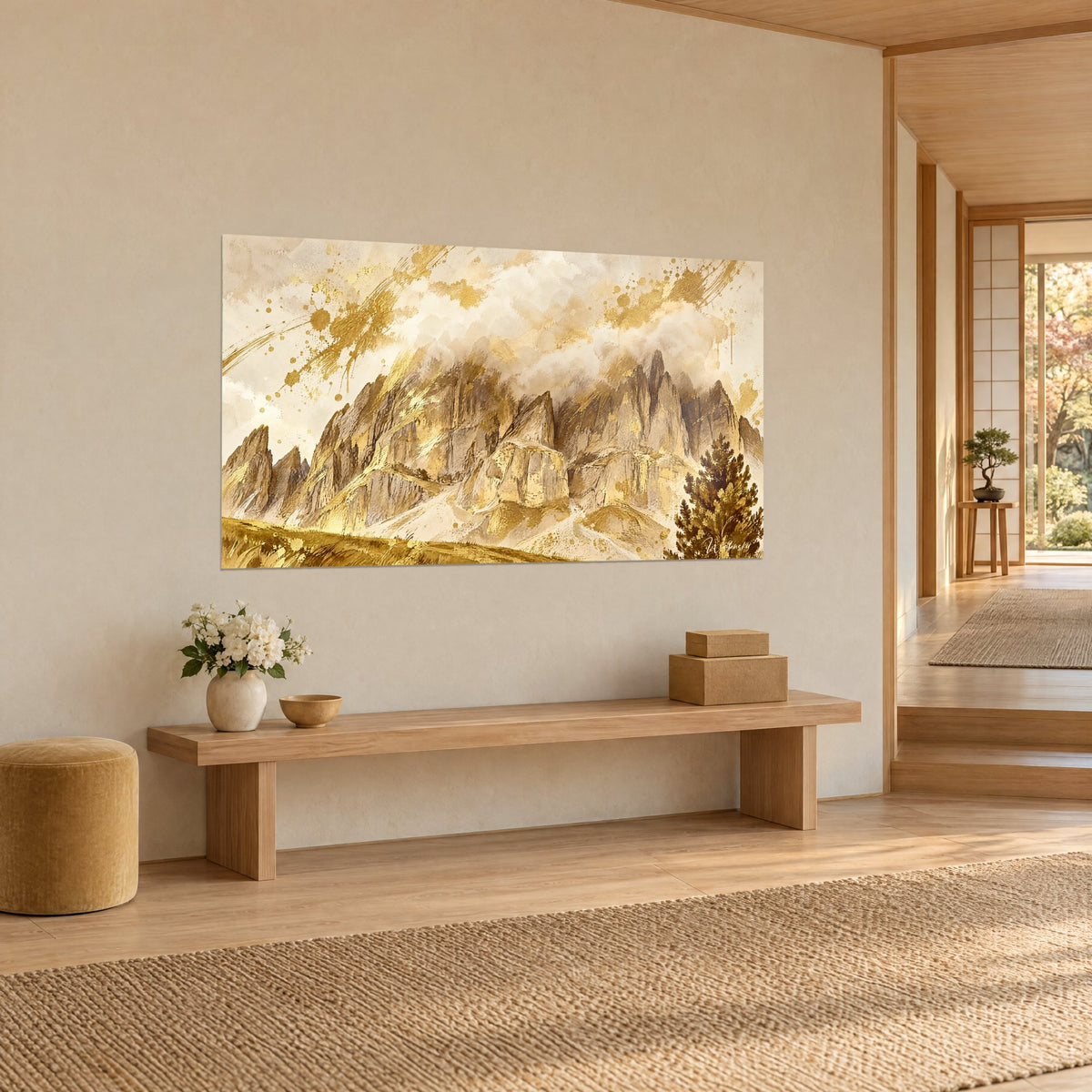 Tableau aiguilles rocheuses ocre et beige, sapin brun à droite, taches d'or, accroché sur un mur crème près d'un banc en bois