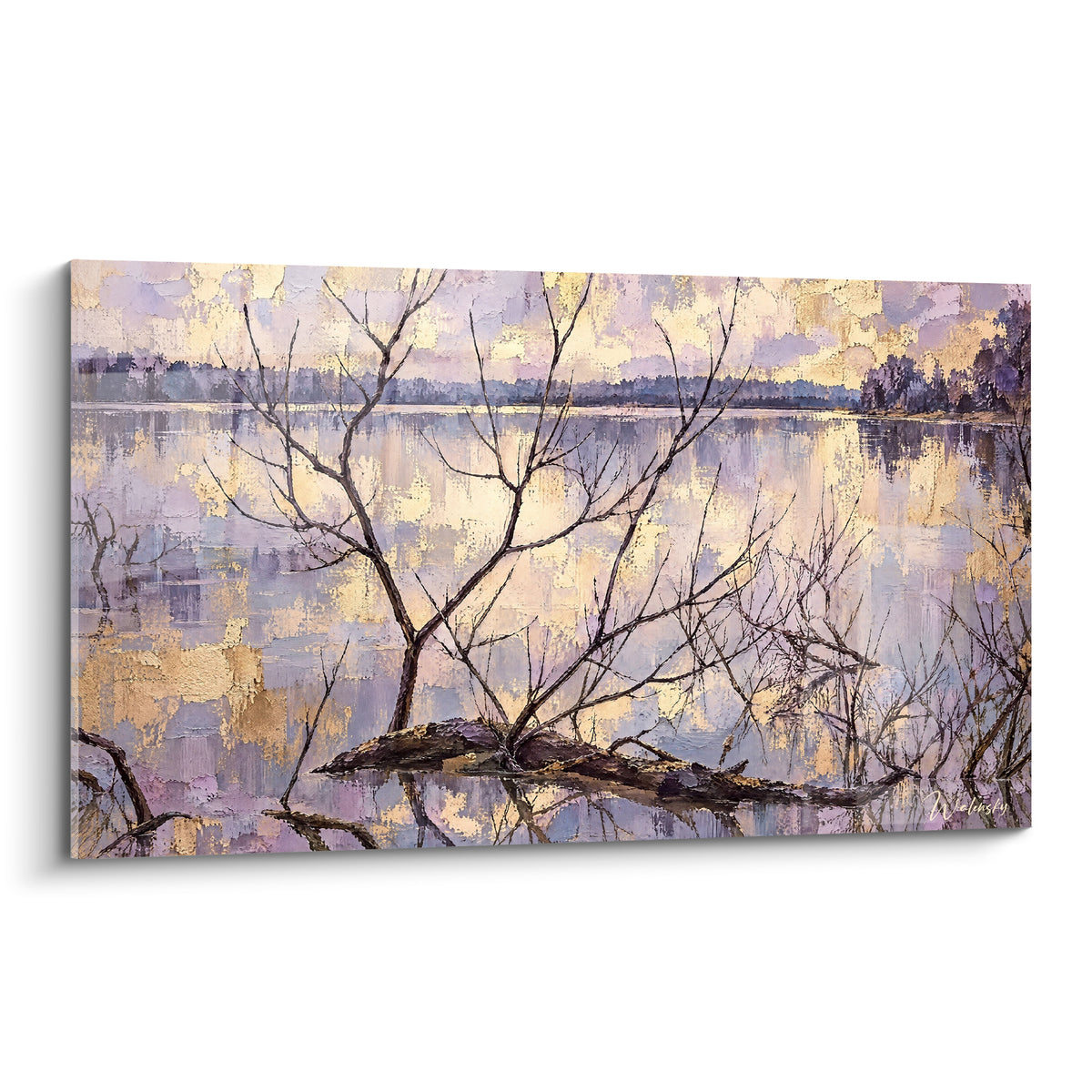 Étang doré et violet avec branches nues reflétées sur l'eau calme, style peinture texturée