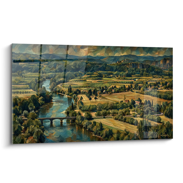 Painting Emerald Green River and Stone Bridge - Tranquil Meander - Dordogne Edition, Nouvelle-Aquitaine, France