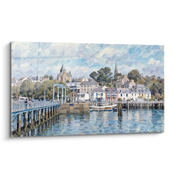 Schilderij Bretonse haven blauw en wit met metalen ponton - Havenwandeling - Editie Douarnenez Bretagne Frankrijk