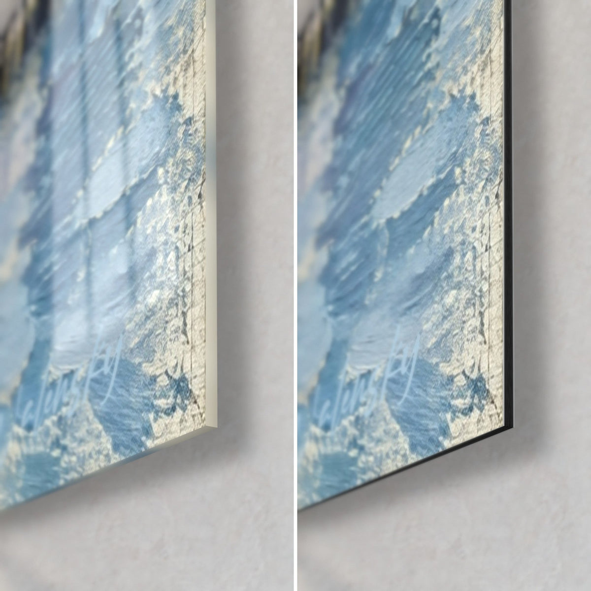 Schilderij van de oude Bretonse haven, rechterbenedenhoek: glanzend glas met hemelsblauwe weerspiegelingen links, mat wit Dibond-aluminium rechts, 3 mm rand