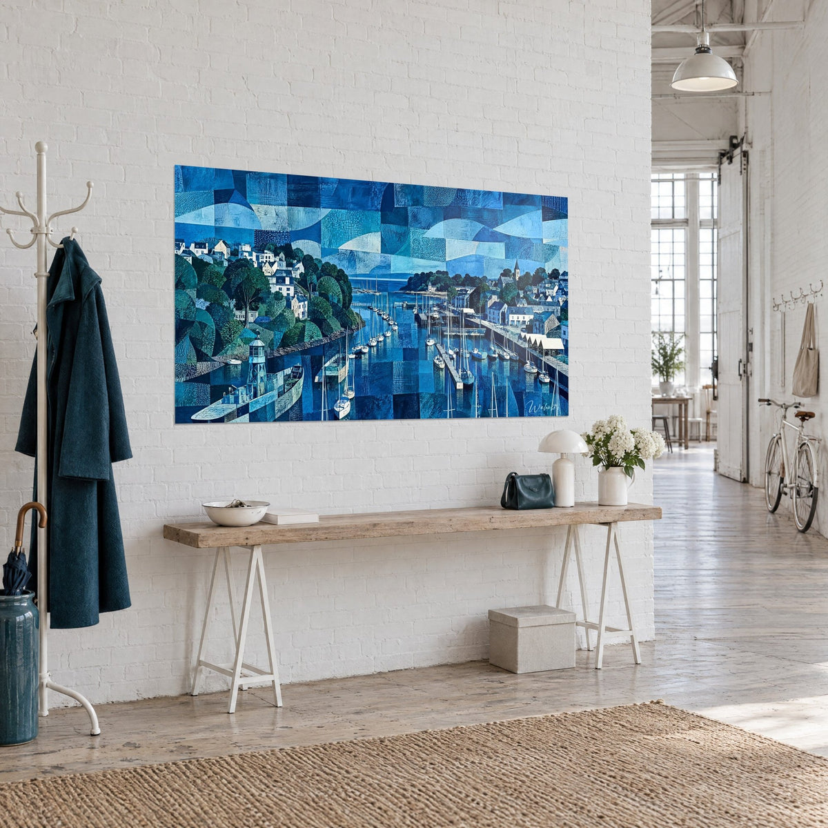 Wall art Douarnenez harbour in turquoise and deep green facets, lighthouse with lantern in the foreground, artist loft, three-quarter view