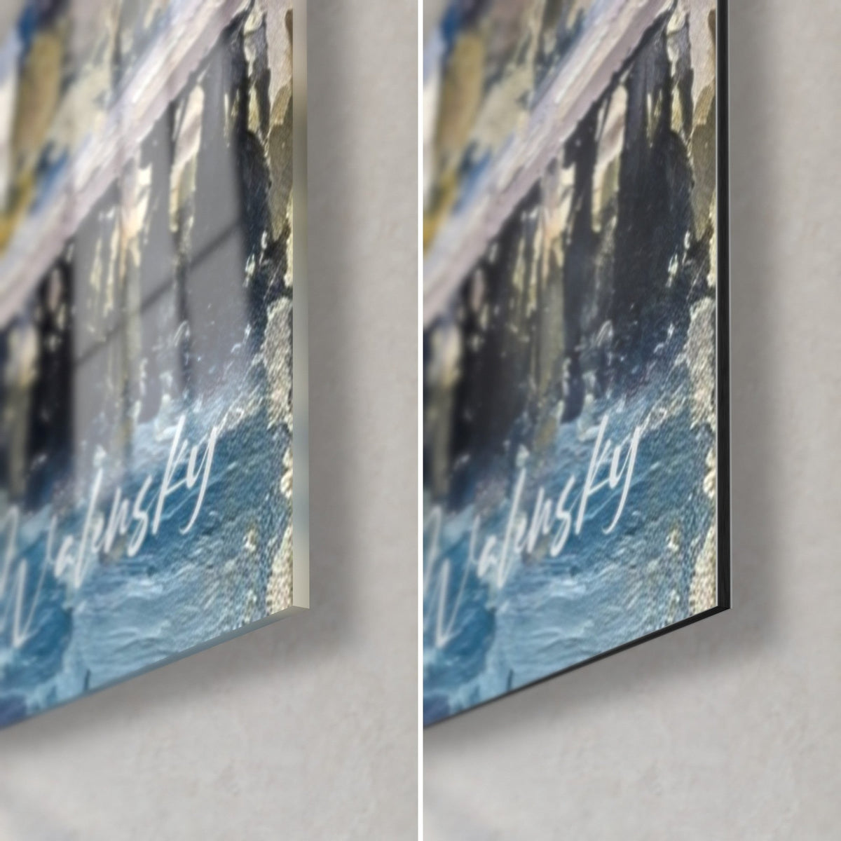 Wall art painted harbour town, bottom right corner, steel blue water: glossy acrylic glass on the left, matte Dibond on the right