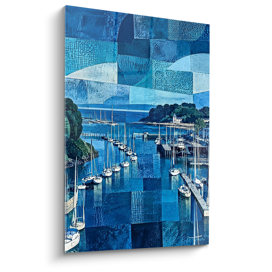Schilderij Estuaire blauw en wit met uitgelijnde zeilboten - Lucht in patchwork - Editie Douarnenez Bretagne Frankrijk