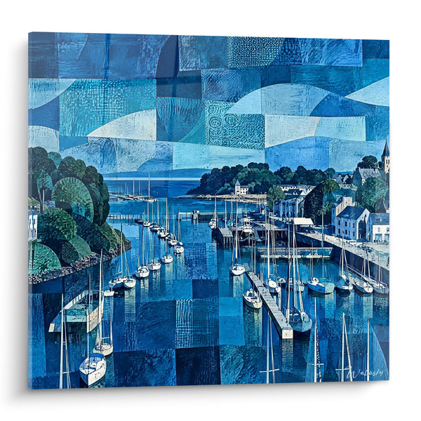 Blue and Turquoise Port Painting with Yachts - Quiet Harbor Scene - Douarnenez Brittany France Edition