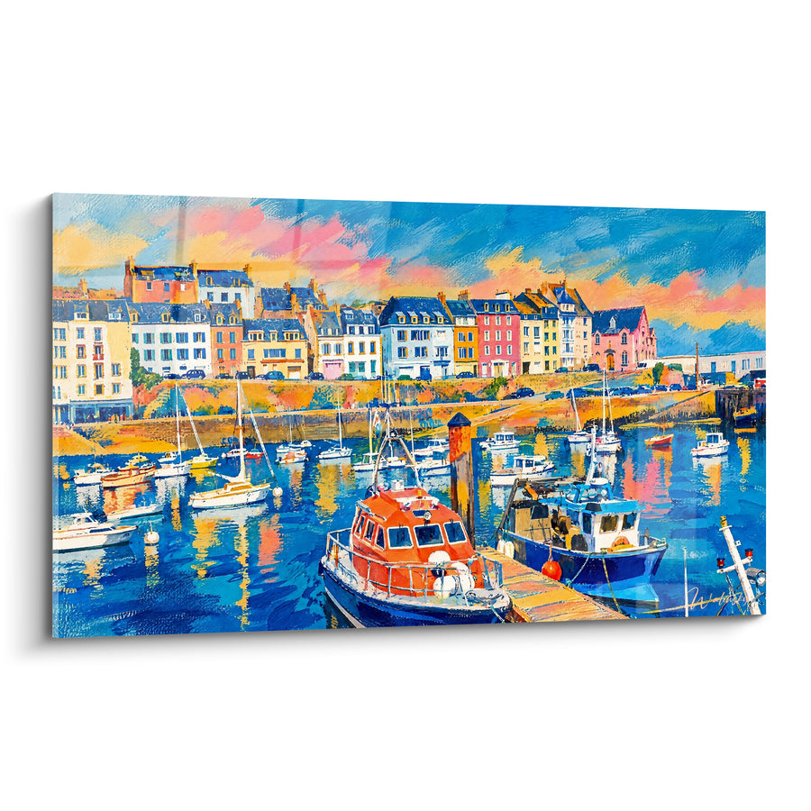 Schilderij Bretonse haven boot rood en blauw - Terugkeer van de visvangst - Editie Douarnenez Bretagne Frankrijk