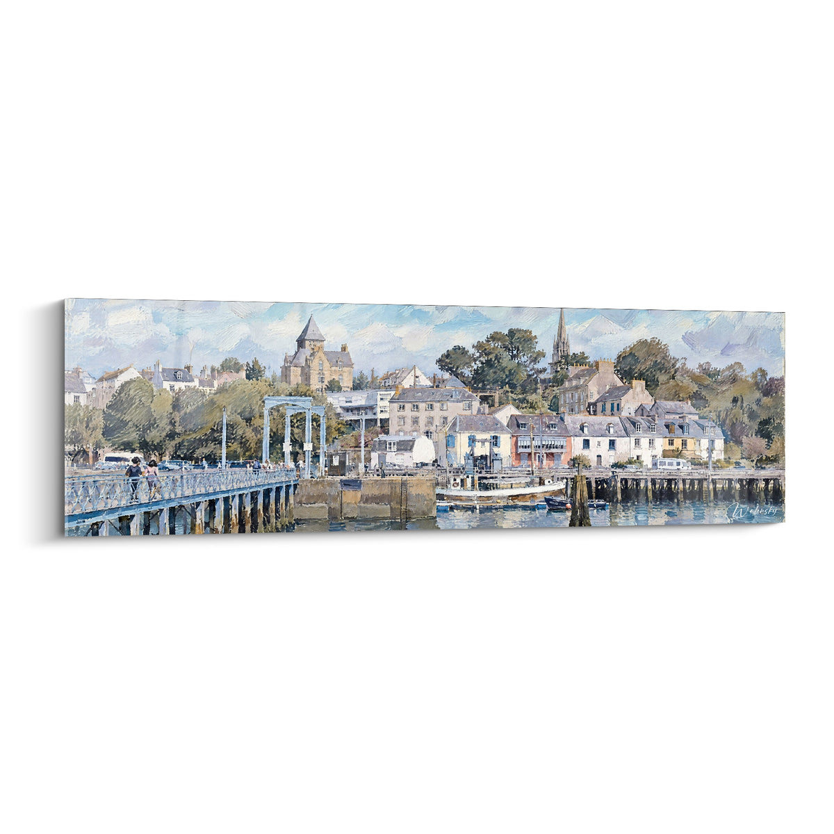 Wall art of a Breton harbour painted in ochre and pastel blue tones, with a footbridge, moored boats and a church steeple in the background.