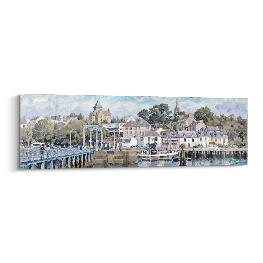 Schilderij Bretonse haven blauw en wit met een klokkentoren - Wandeling langs het water - Editie Douarnenez Bretagne Frankrijk