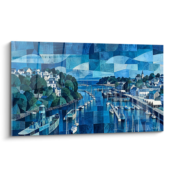 Breton Harbor Painting with Blue and Green Mosaics - Silent Anchorage - Douarnenez Edition Brittany France