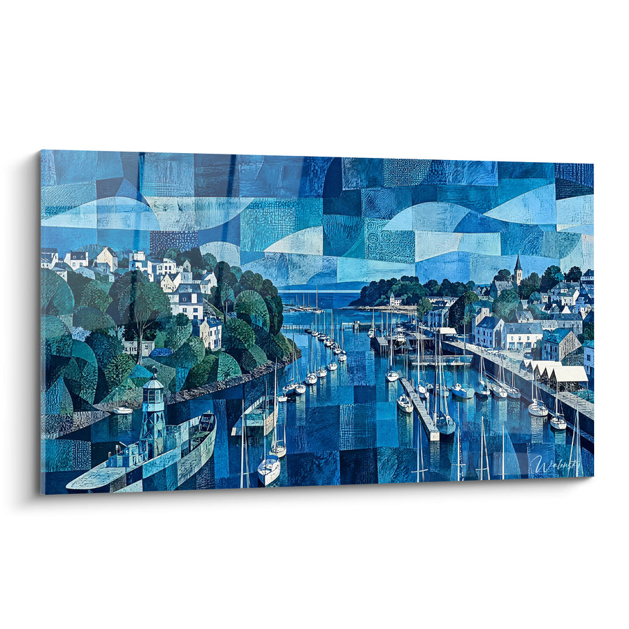 Schilderij Bretonse haven met blauwe en groene mozaïeken - Stille ligplaats - Editie Douarnenez Bretagne Frankrijk