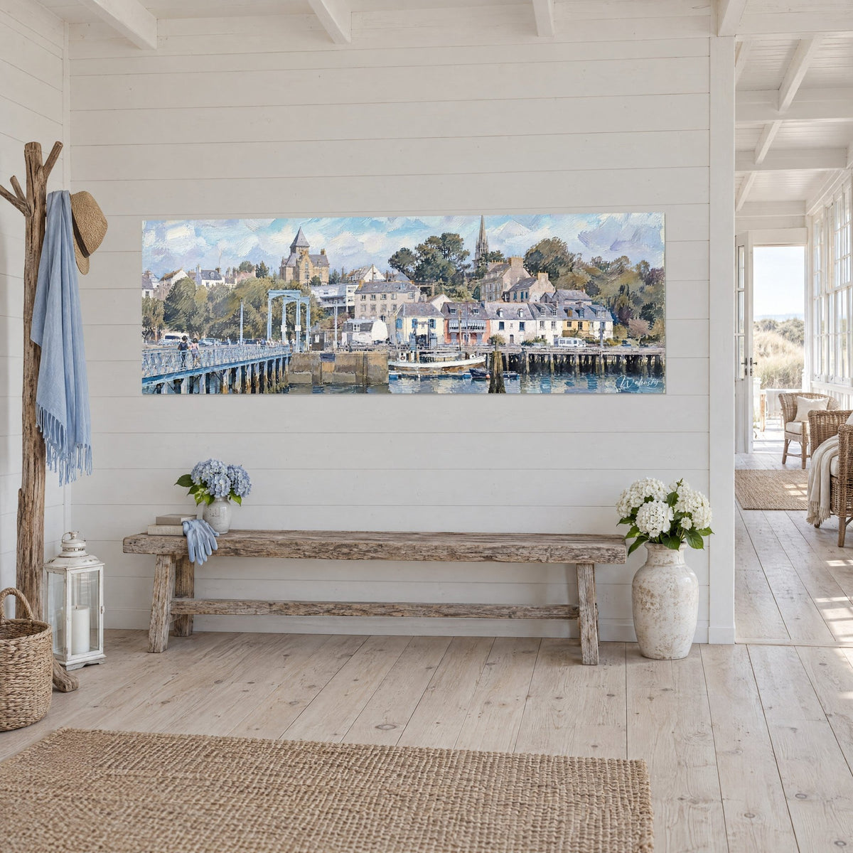 Wall art Douarnenez quayside, cream facades and blue-grey slate roofs, three-quarter view on a white panelled wall