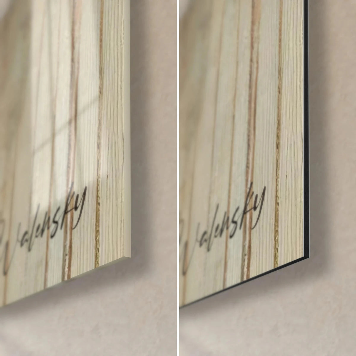Gemälde Hirschkuh in Ölmalerei, untere rechte Ecke: glänzendes Acrylglas links, mattes schwarzes Dibond rechts, 3 mm Kante