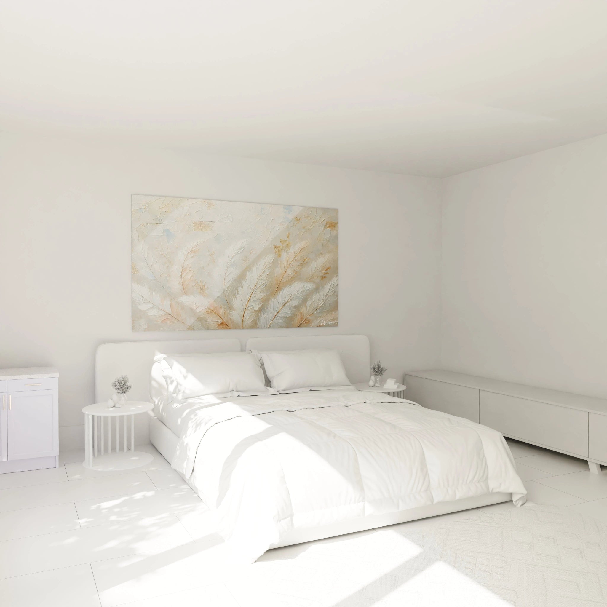 tableau plume dans chambre sur mur au dessus du lit Apportez une ambiance sereine avec des plumes douces et des tons apaisants Un ajout raffine pour une decoration elegante et paisible

