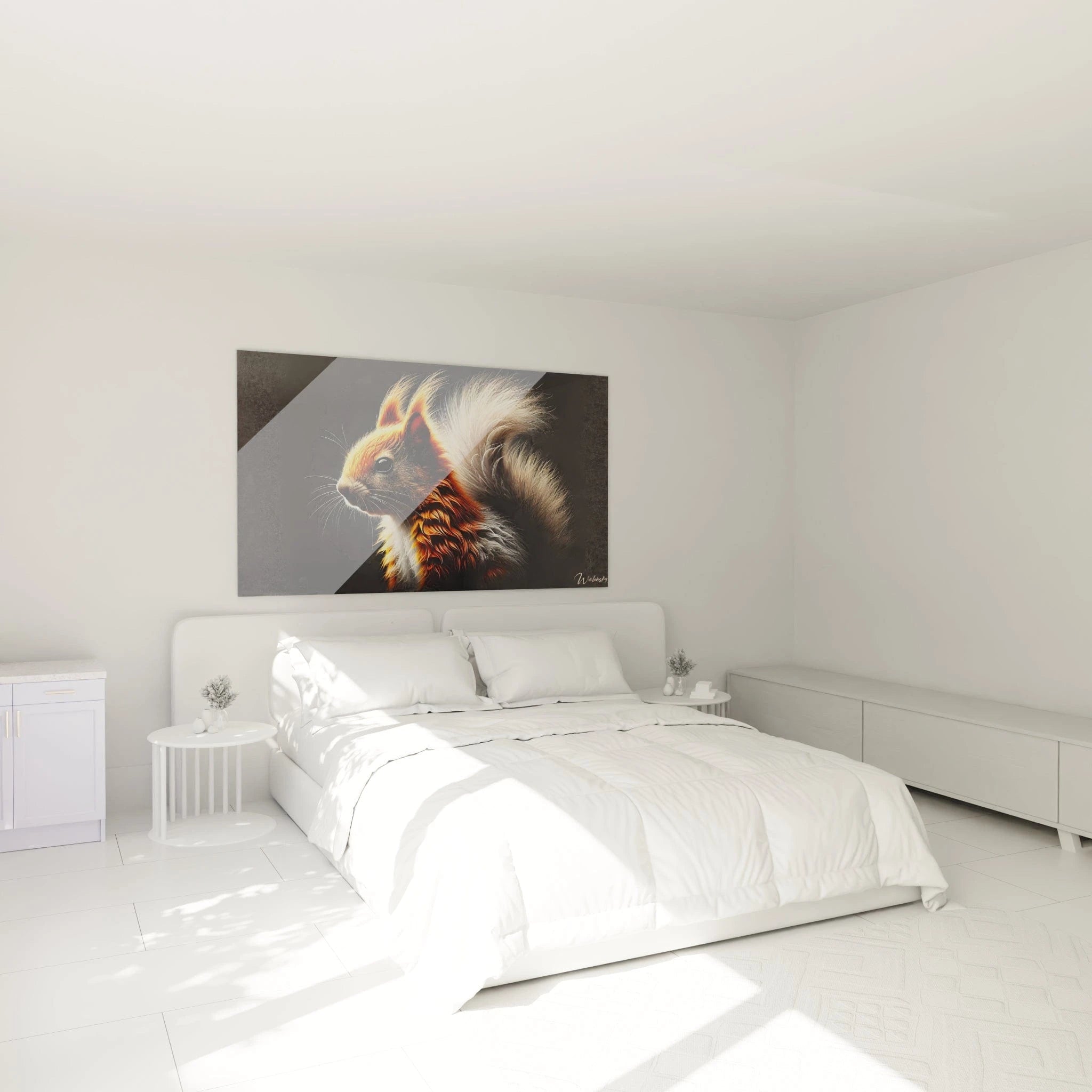 tableau ecureuil dans un salon au-dessus d’un canapé, offrant une ambiance lumineuse et naturelle avec ses teintes orange et beige et son réalisme captivant

