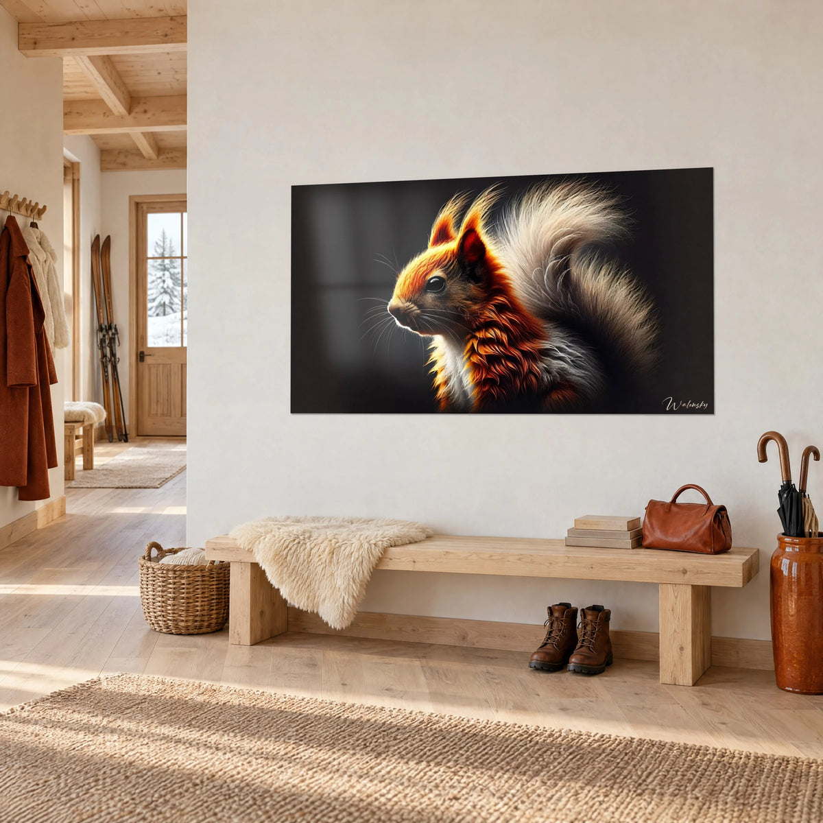 Wall art of an orange rodent in profile, with pointed tufted ears and a glossy black eye, hanging on a white chalet wall