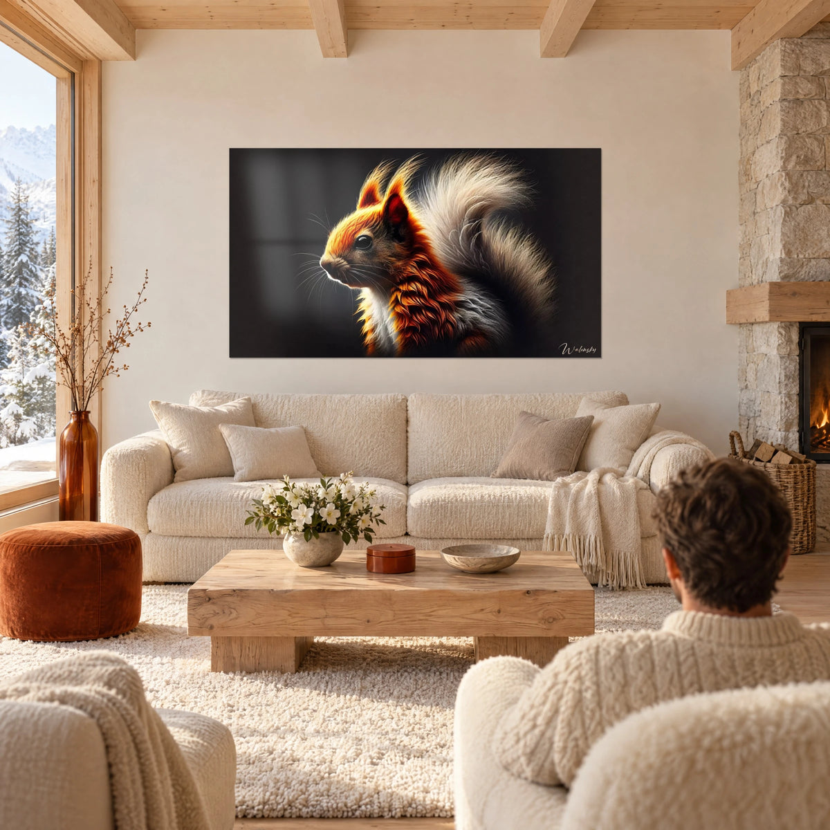 Wall art of a red squirrel with a fiery coat and a cream plume tail on a black background, above a sofa in a bright living room
