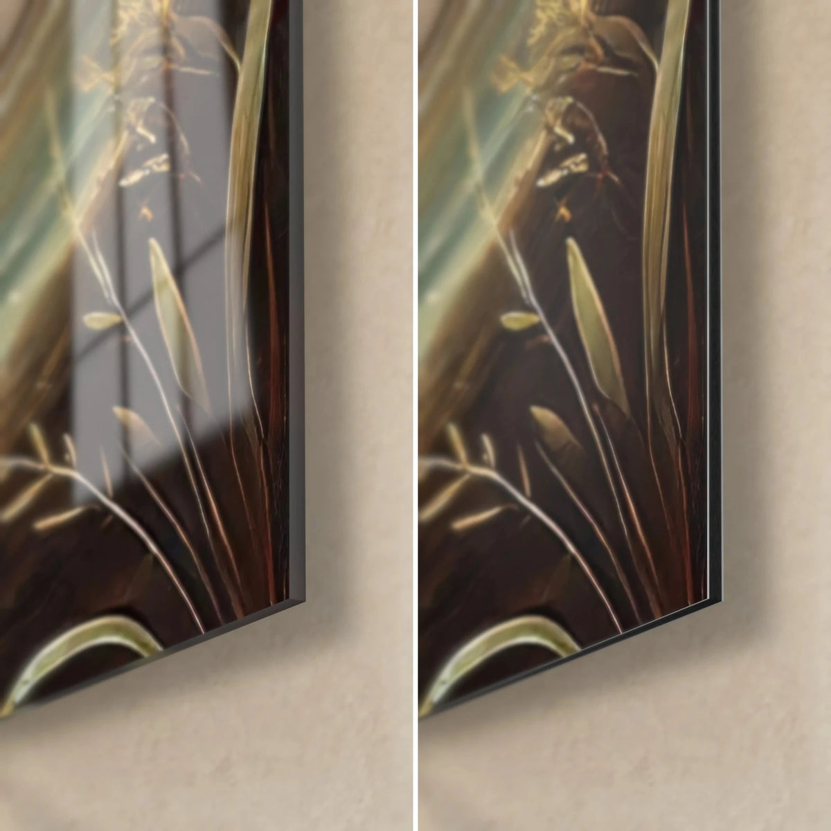 Gemälde Meeresdämmerung, goldene Gräser auf dunklem Braunton, untere rechte Ecke: glänzendes Acrylglas links, matter Dibond rechts