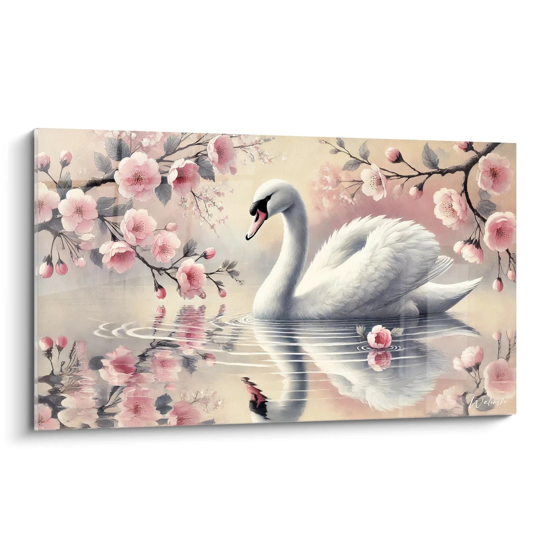 tableau cygne : vue de biais, capture la serenite d un cygne gracieux nageant parmi des fleurs de cerisier en pleine floraison Ideal pour une decoration elegante et apaisante


