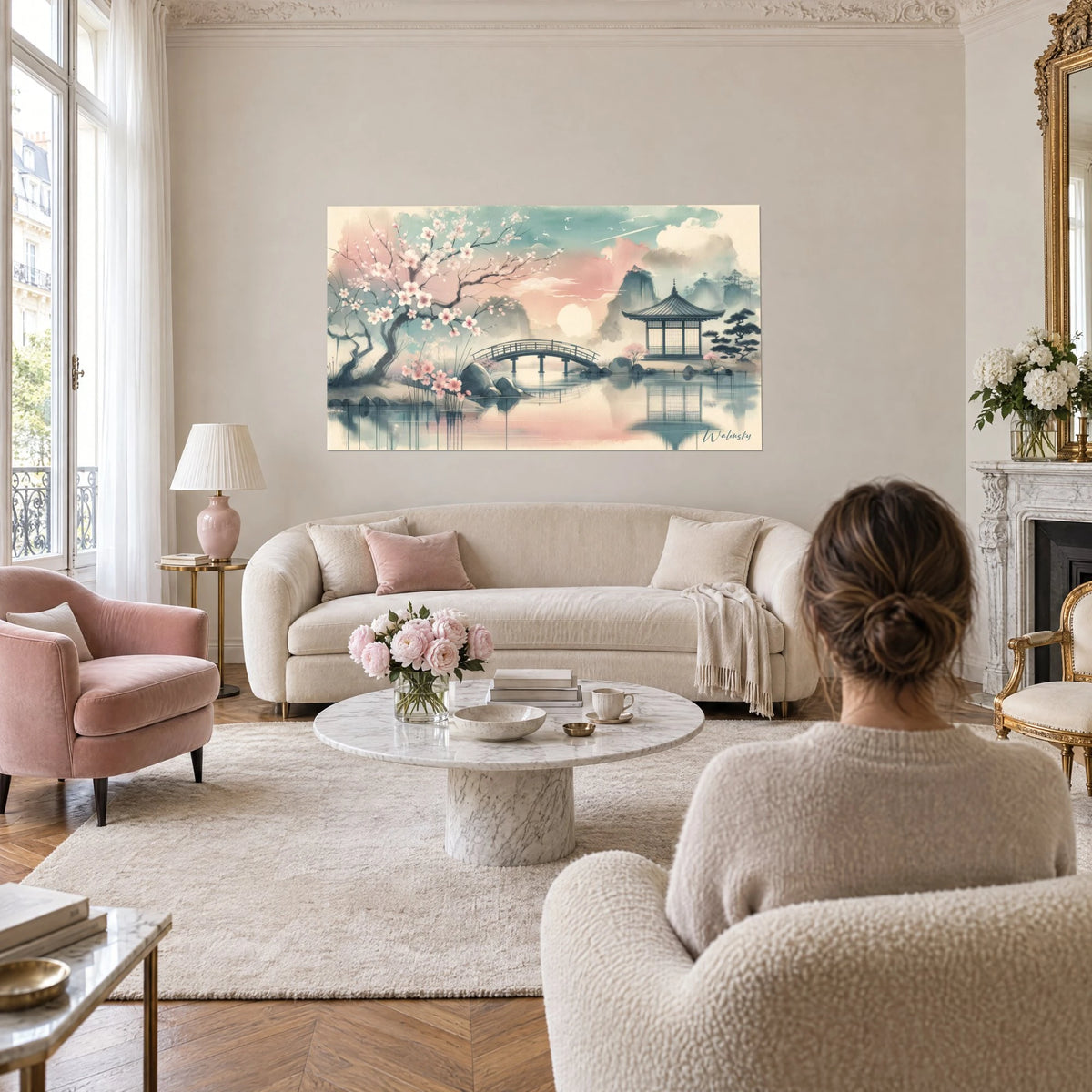 Tableau cerisier en fleurs rose poudré penché sur un étang, pavillon gris ardoise, au-dessus d'un canapé dans un salon lumineux
