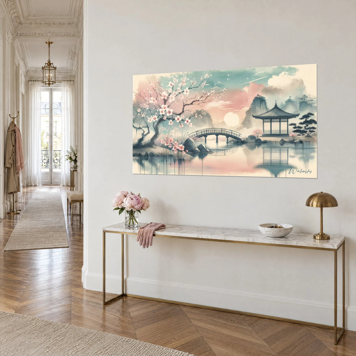 Tableau jardin japonais en aquarelle, pont arqué et soleil pâle sur ciel rose et turquoise, mur blanc d'un appartement haussmannien