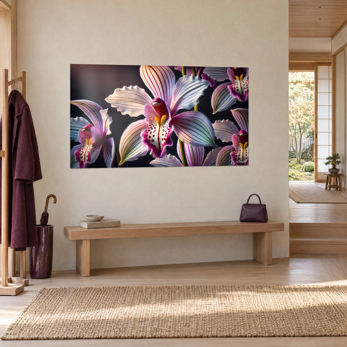 Tableau fleur d'orchidée aux pétales ondulés crème et violet, vue de trois-quarts sur un mur beige, banc en bois, entrée japandi