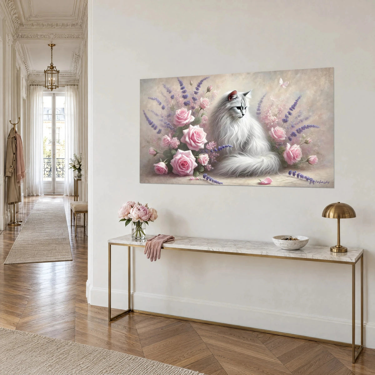 Wall art of an Angora cat with silky white fur, bouquet of powdery roses and lavender spikes on a beige background, gilded console in three-quarter view