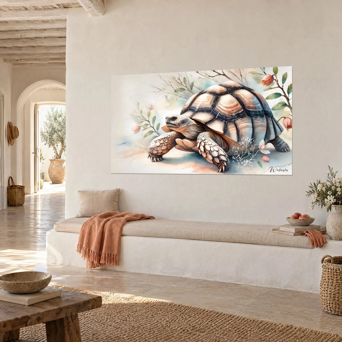 Tableau reptile cuirassé aux écailles beige et ardoise, tulipes corail, accroché de trois-quarts près d'une banquette blanche