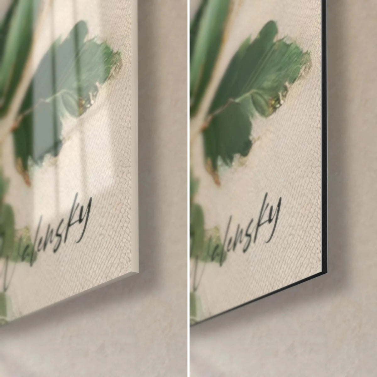 Tableau biche aux yeux sombres, feuilles vert sauge et fond beige, coin bas droit en verre brillant et Dibond mat