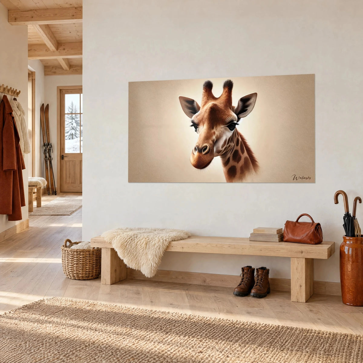 Tableau portrait de girafe, museau brun penché et fond beige sable, accroché au-dessus d'un banc de chalet
