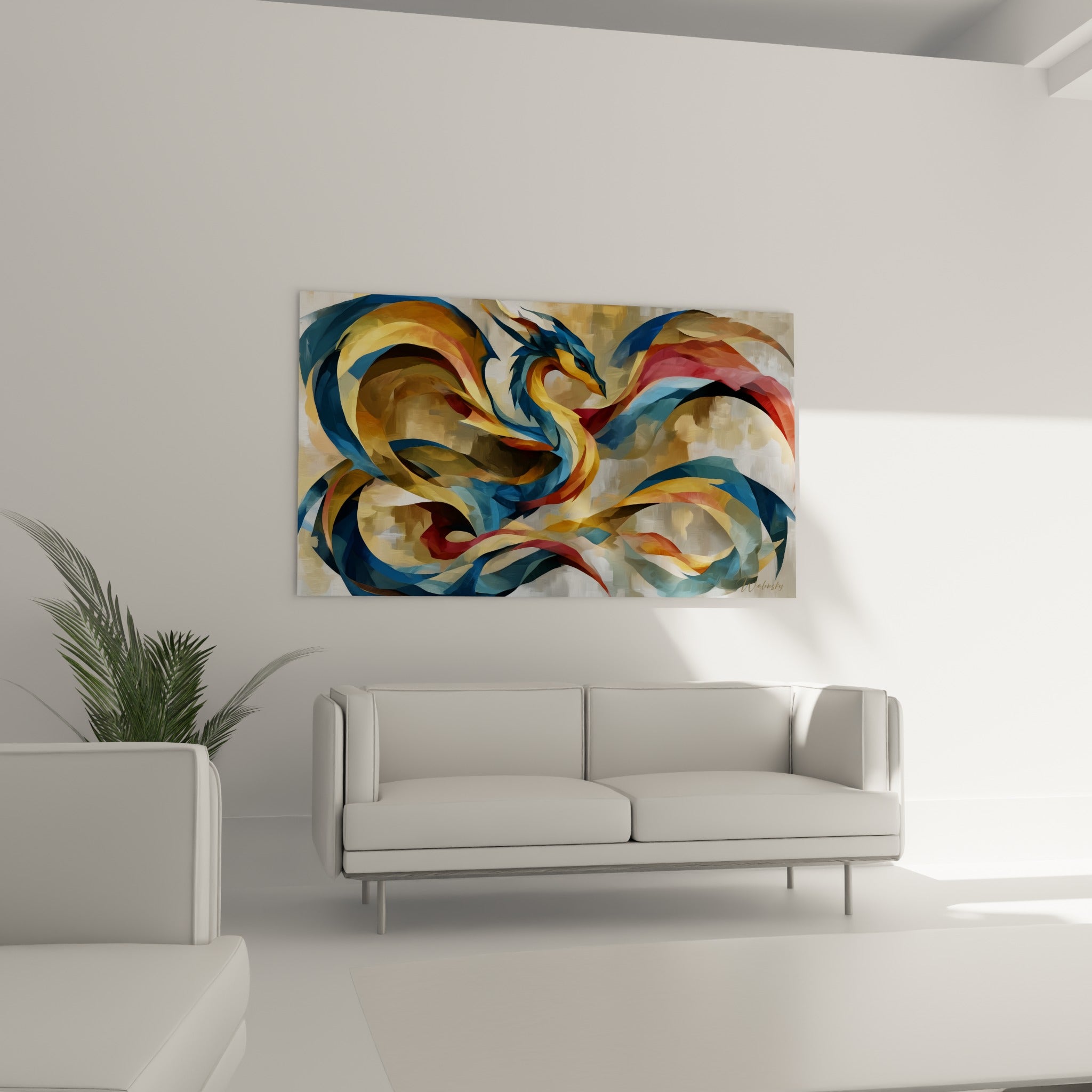 Serpent mythique aux teintes ocre et bleu ardoise suspendu au-dessus d'un canapé dans un salon lumineux