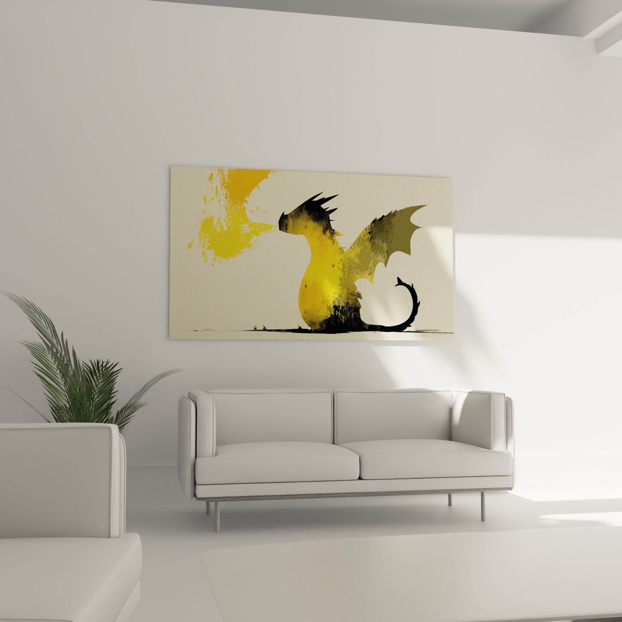 Créature ailée jaune et noire soufflant des flammes dorées, au-dessus d'un canapé dans un salon lumineux