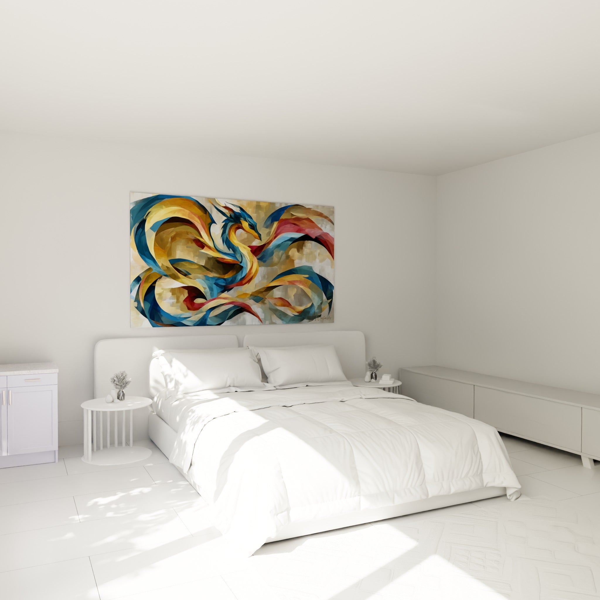Créature ailée bleu et or aux volutes fluides accrochée au-dessus d'un lit dans une chambre claire