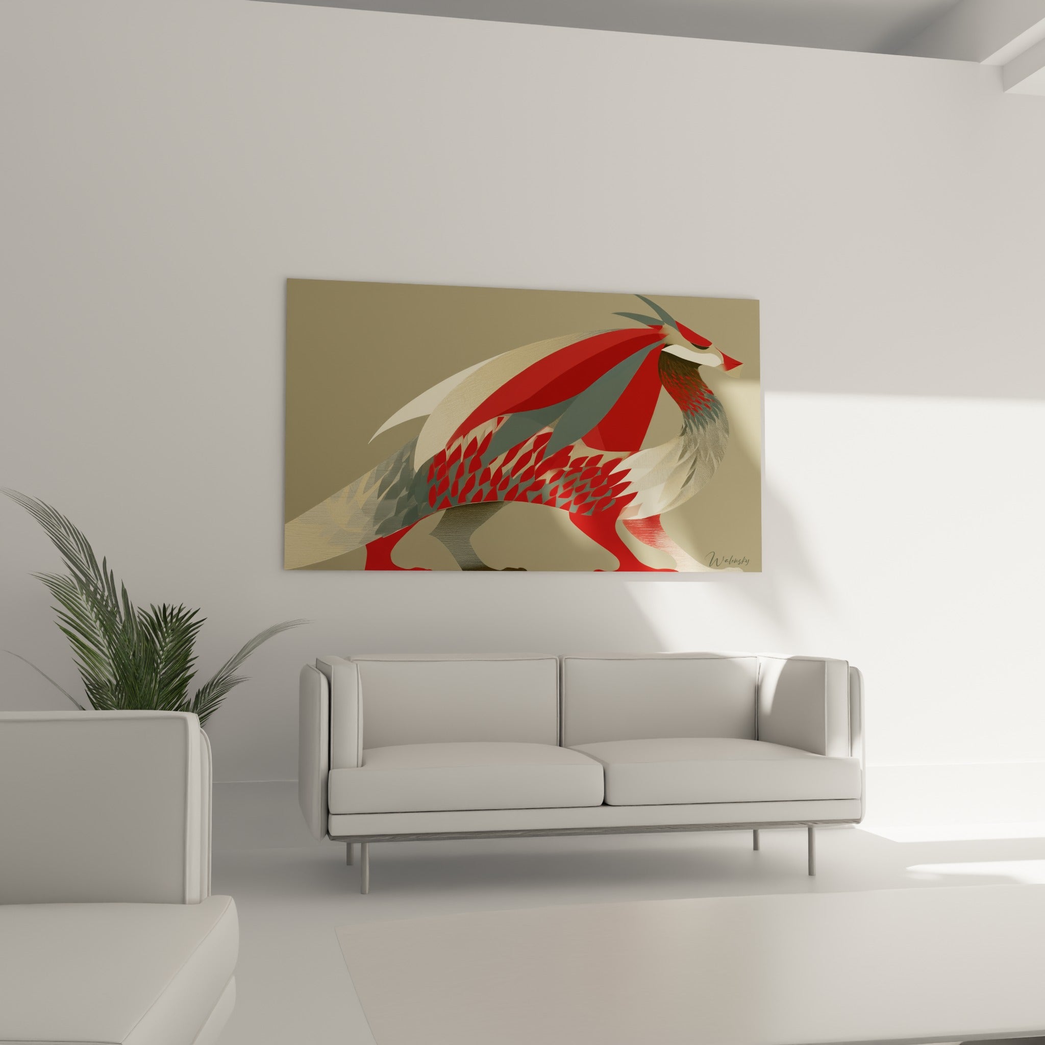Silhouette de dragon anthracite et rouge accrochée au-dessus d'un canapé dans un salon lumineux
