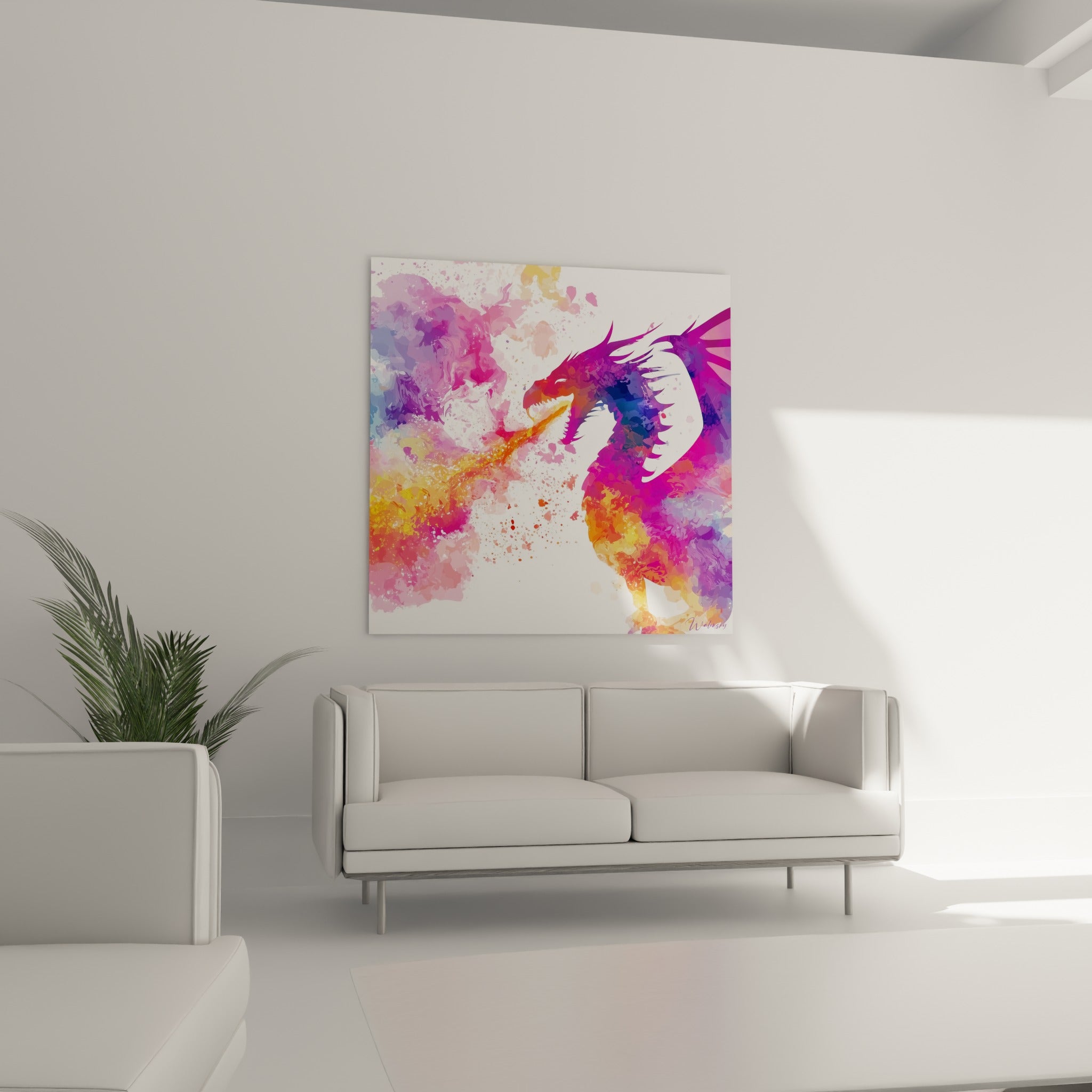 Gueule ouverte projetant un souffle orangé sur silhouette violette, au-dessus d'un canapé dans un salon lumineux