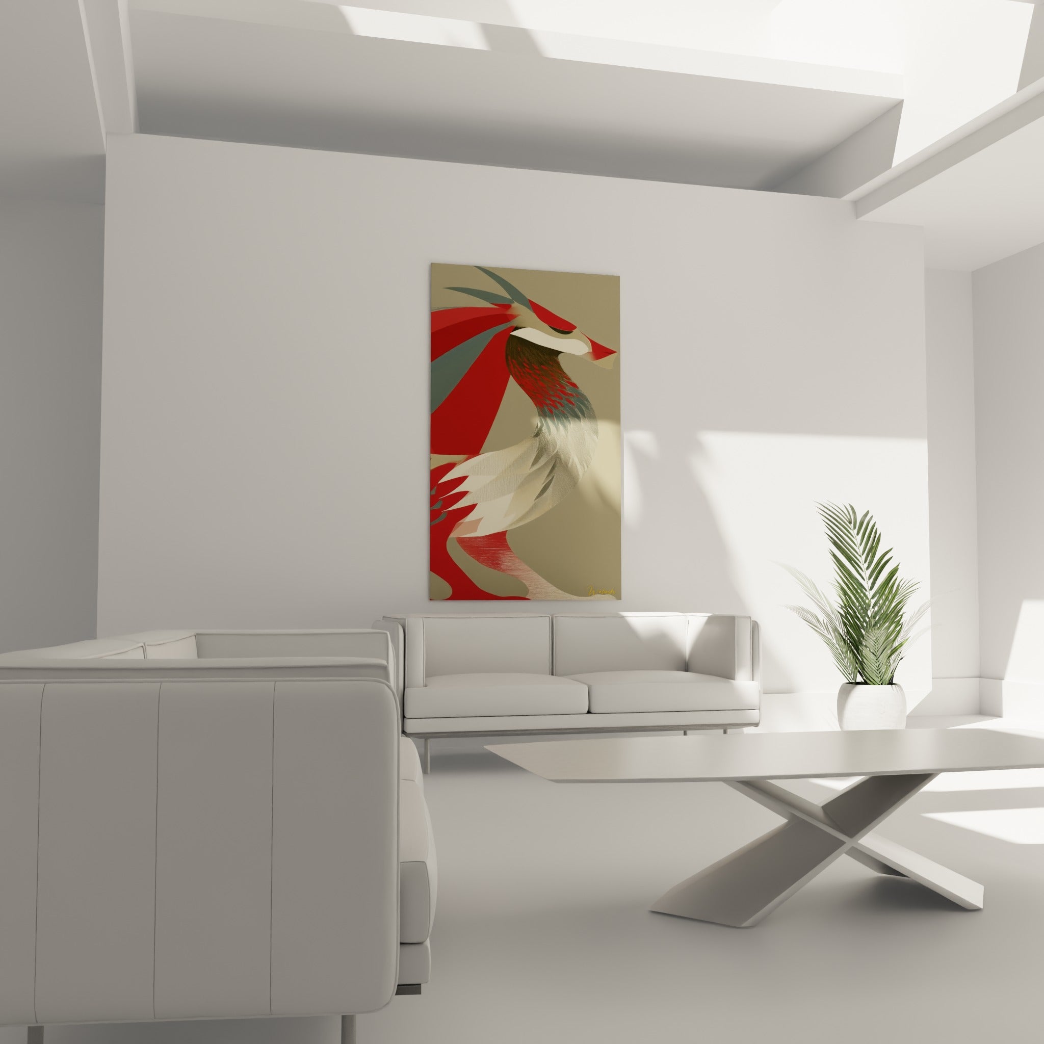 Silhouette stylisée du dragon aux tons rouge et gris, disposée au-dessus d'un canapé dans un salon lumineux