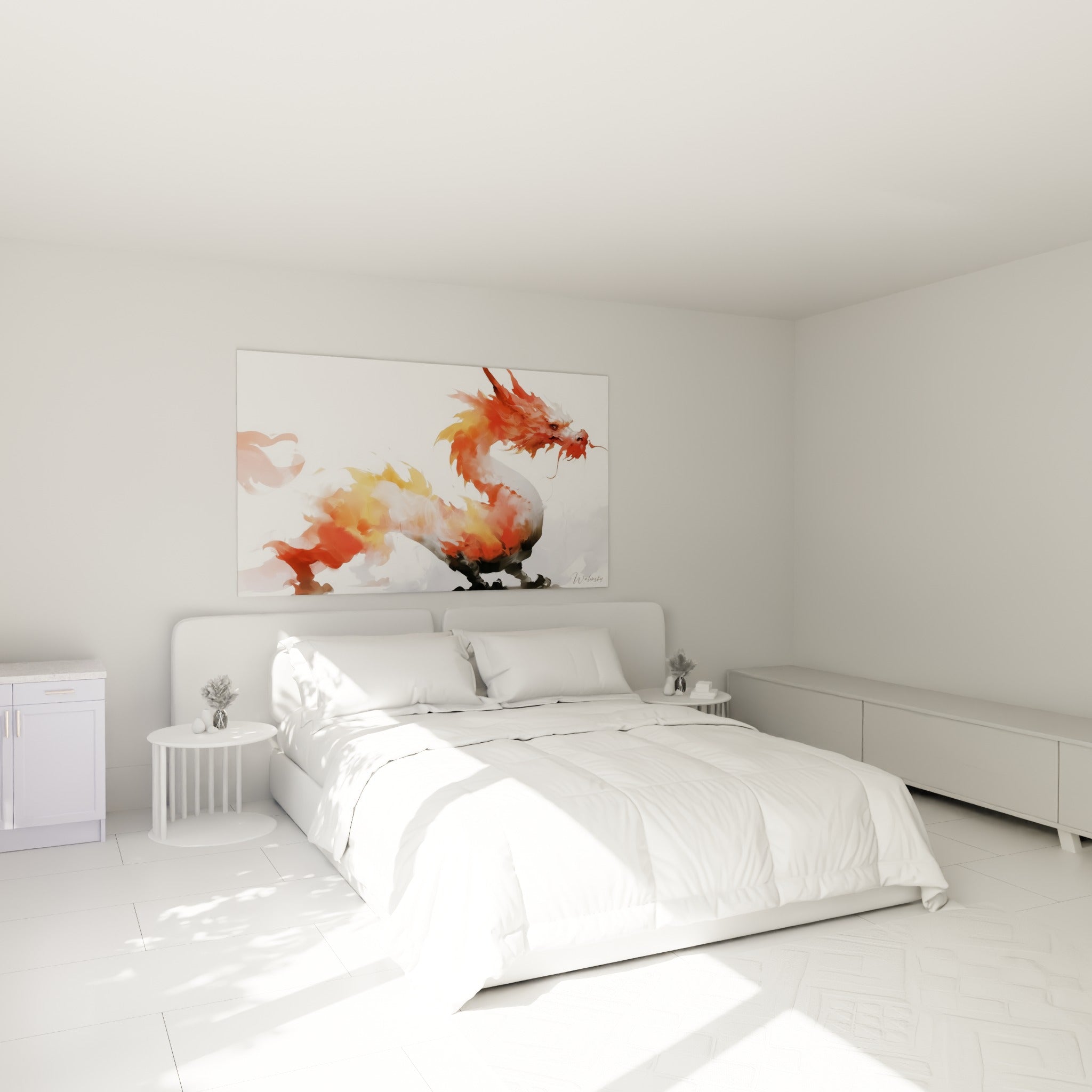 Créature mythique rouge et anthracite en volutes fumées, au-dessus d'un lit dans une chambre claire