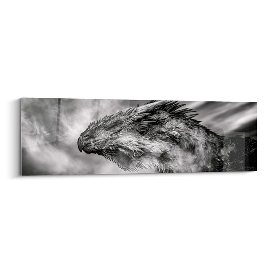 Dragon anthracite au profil écailleux émergeant d'une brume blanche vaporeuse et dense