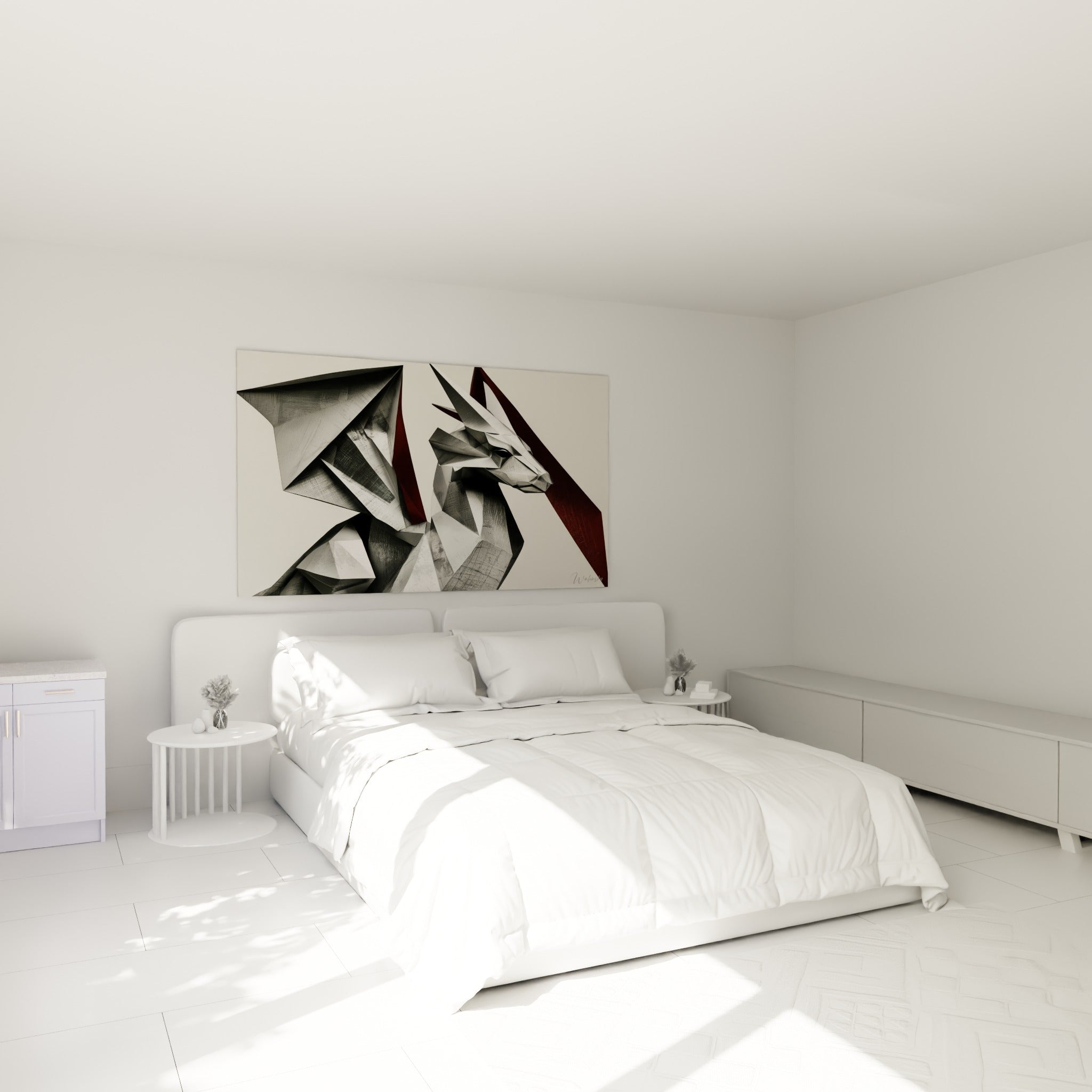 Créature dragon géométrique grise et bordeaux au-dessus d'un lit dans une chambre claire