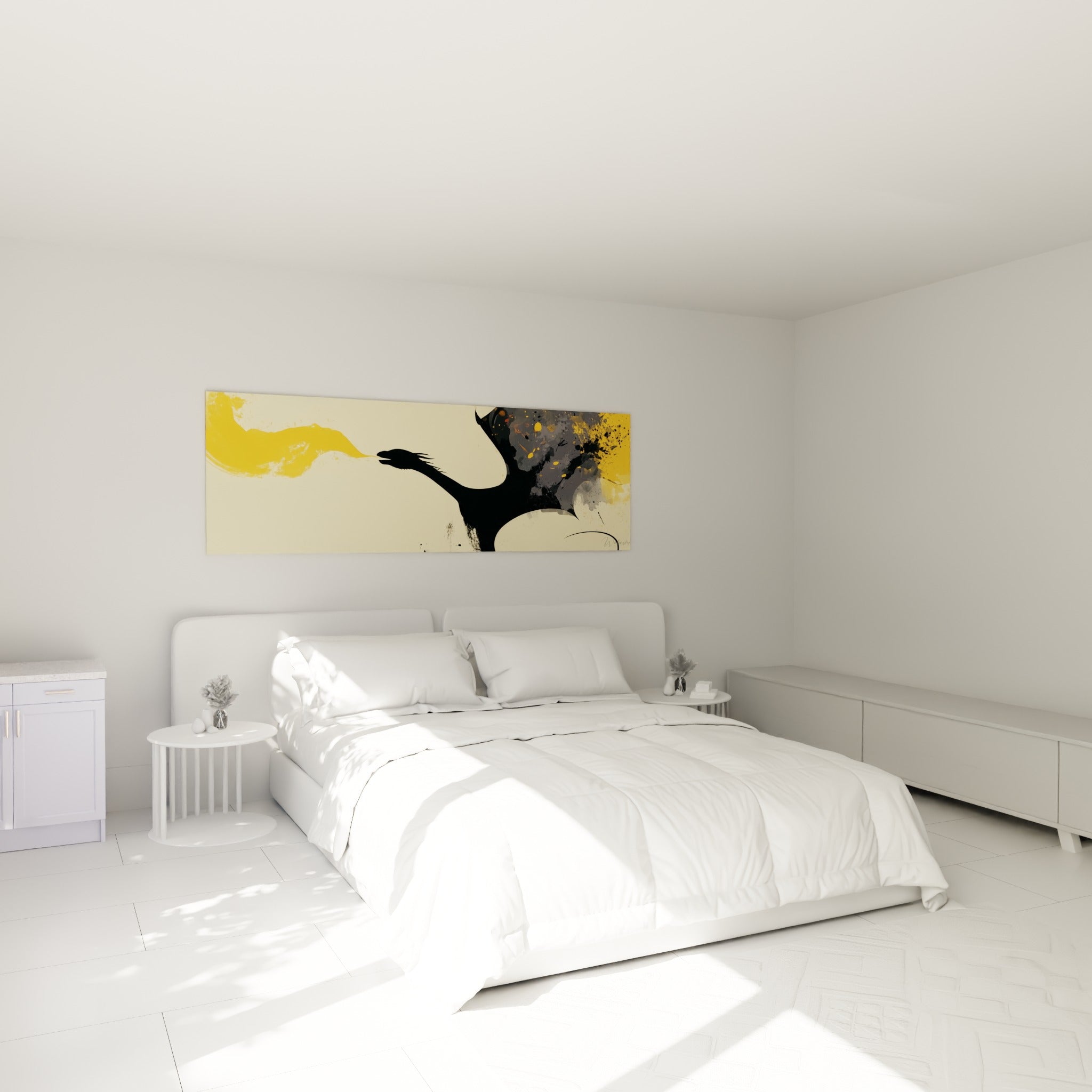 Silhouette de dragon anthracite et flamme dorée au-dessus d'un lit dans une chambre claire