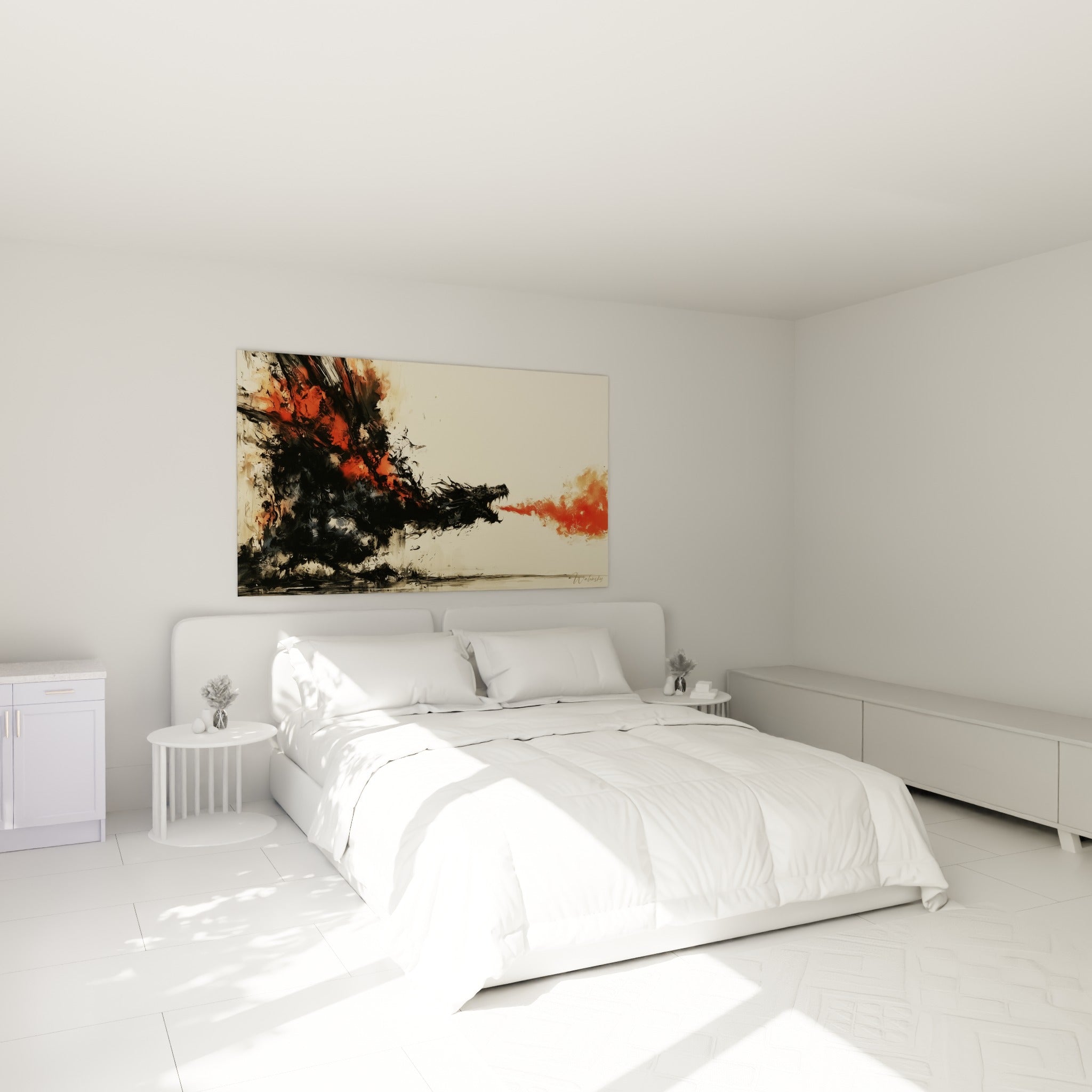 Silhouette de dragon anthracite au souffle écarlate, accrochée au-dessus d'un lit dans une chambre claire