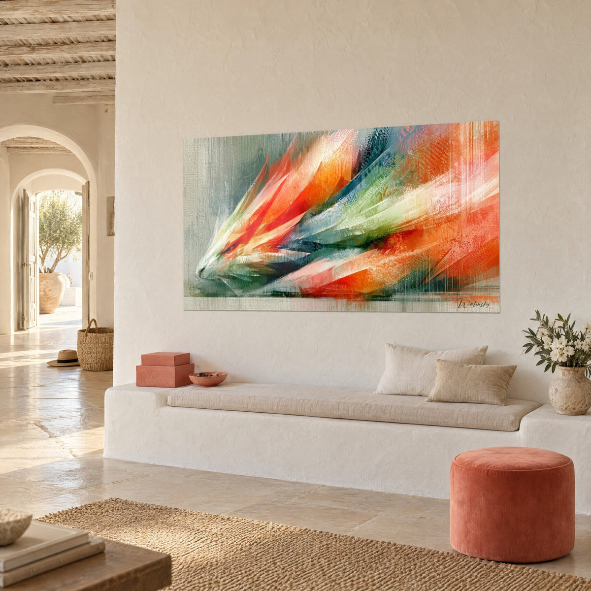 Wall art trail of jagged coral-red and duck-blue crests, hung at an angle above a white bench seat