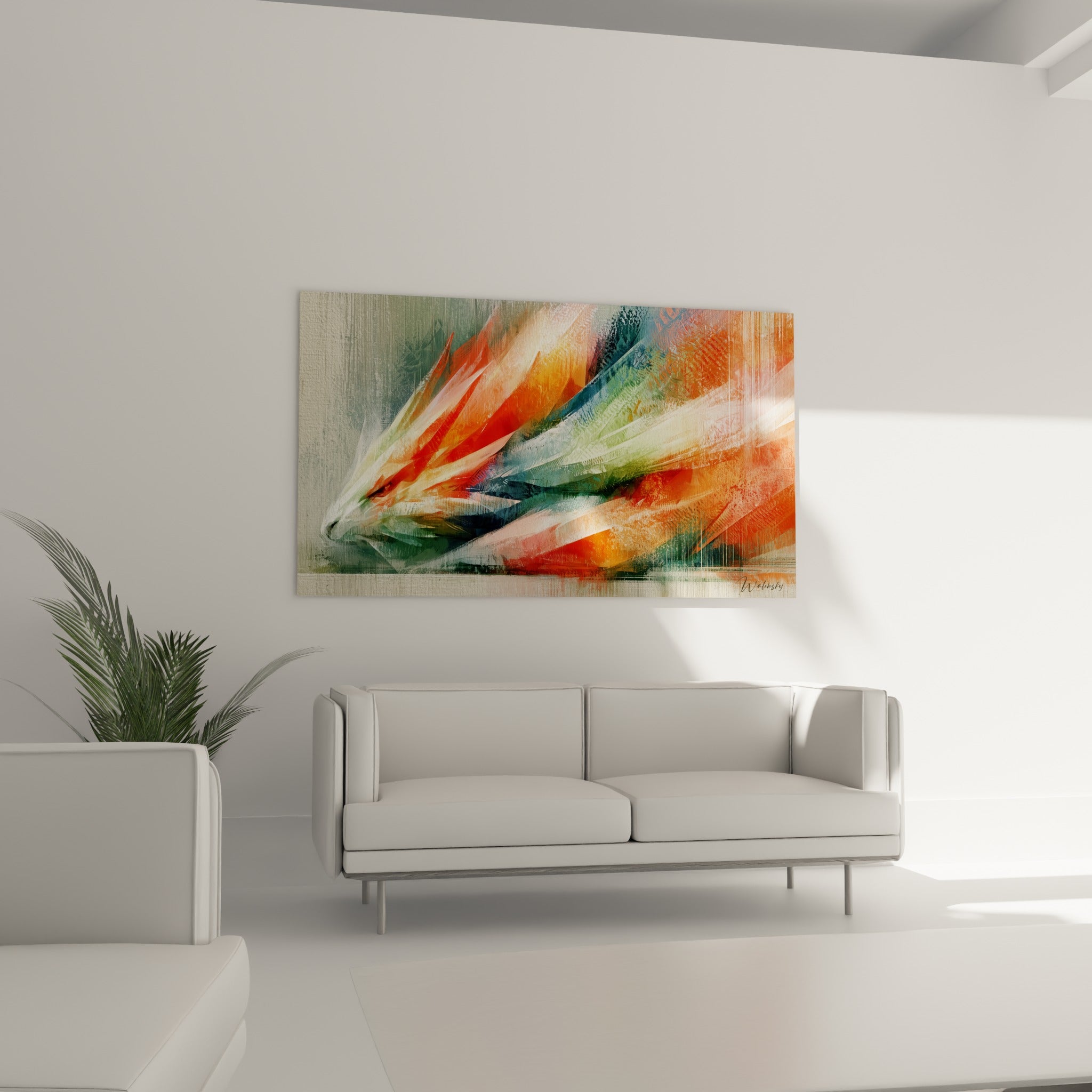 Silhouette de dragon orangé et anthracite, empâtements texturés, au-dessus d'un canapé dans un salon lumineux