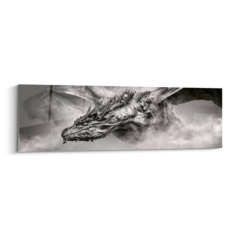 Tableau Dragon gris et blanc ailes déployées dans la brume - Souffle des brumes anciennes - Edition Dragon