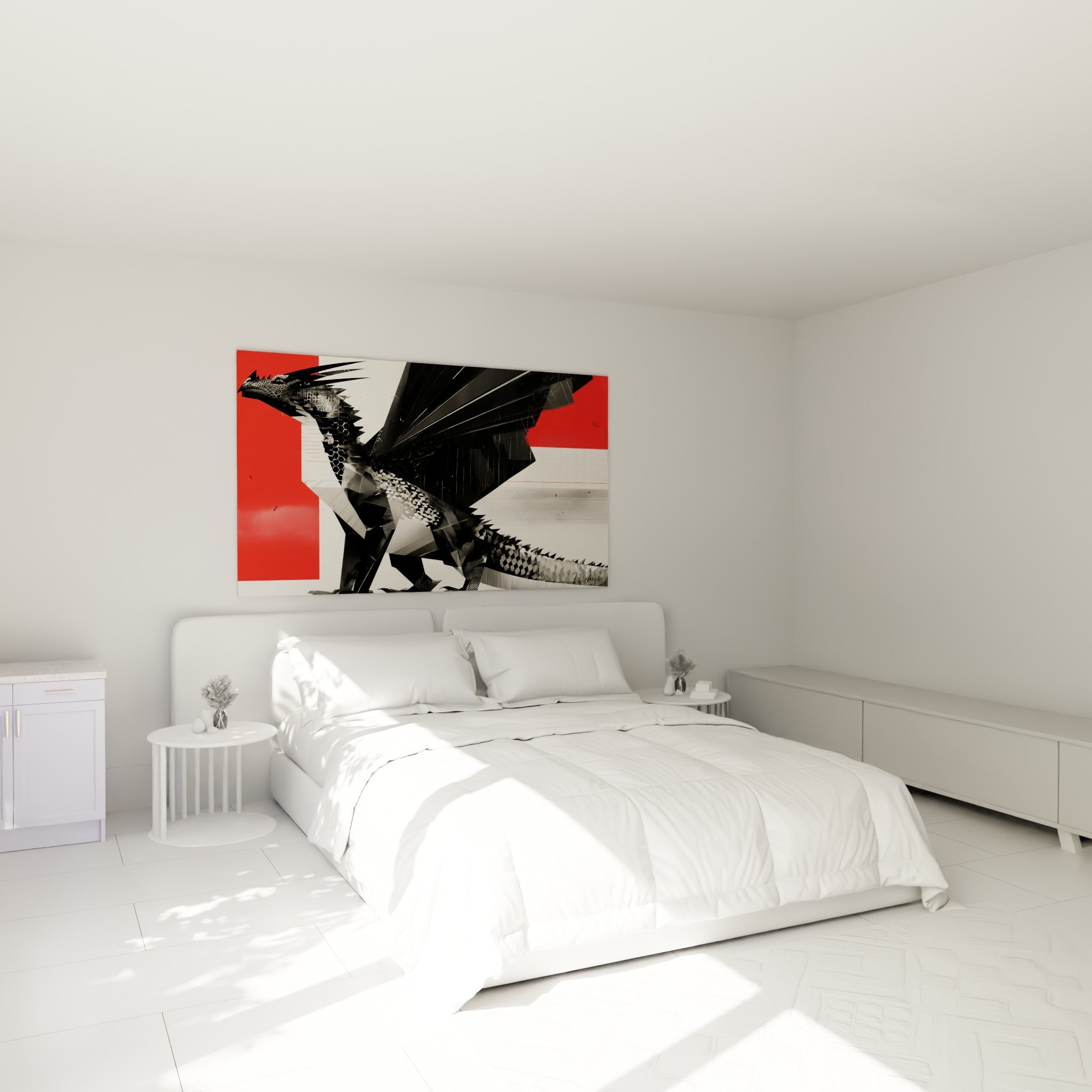 Créature ailée noire et rouge dominant la scène, accrochée au-dessus d'un lit dans une chambre claire