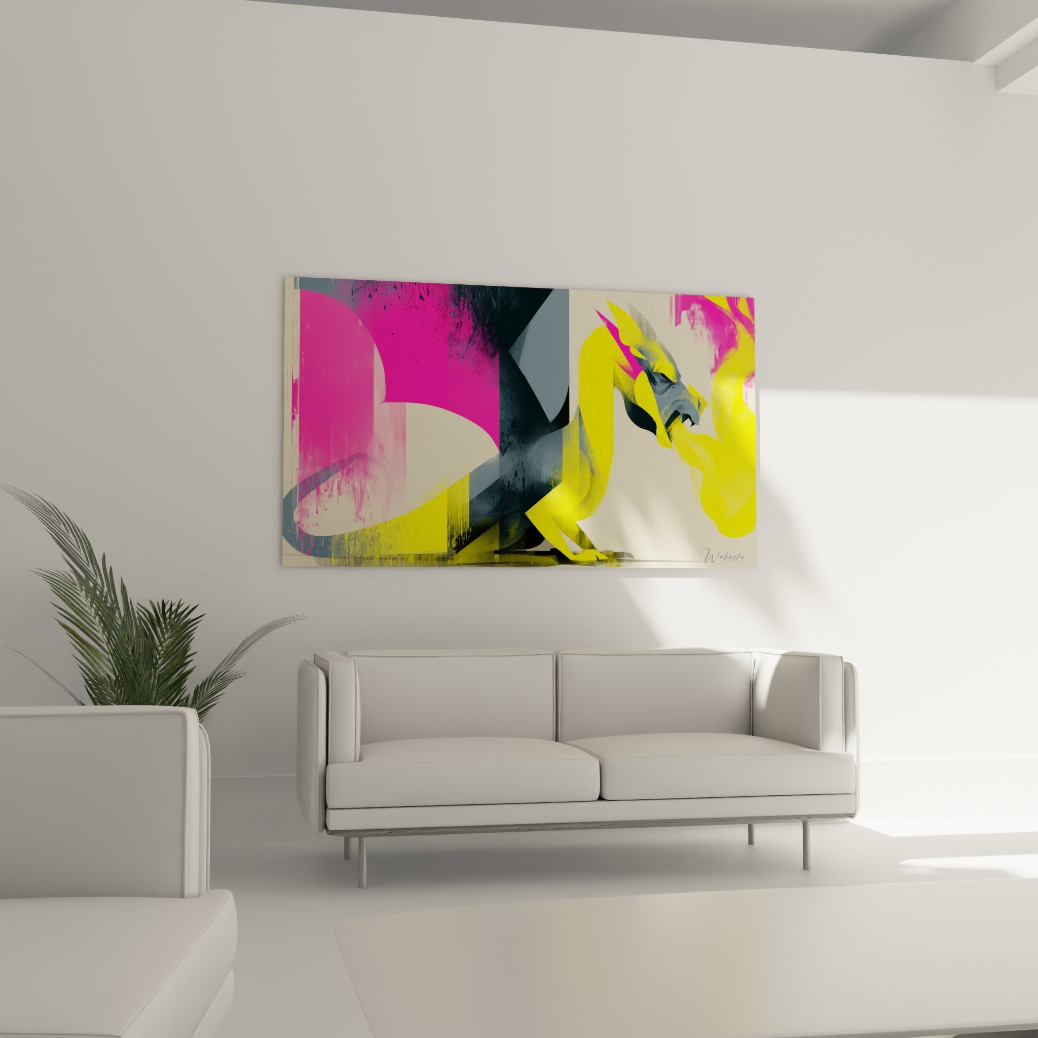 Silhouette anthracite et jaune du dragon aux formes graphiques, au-dessus d'un canapé dans un salon lumineux