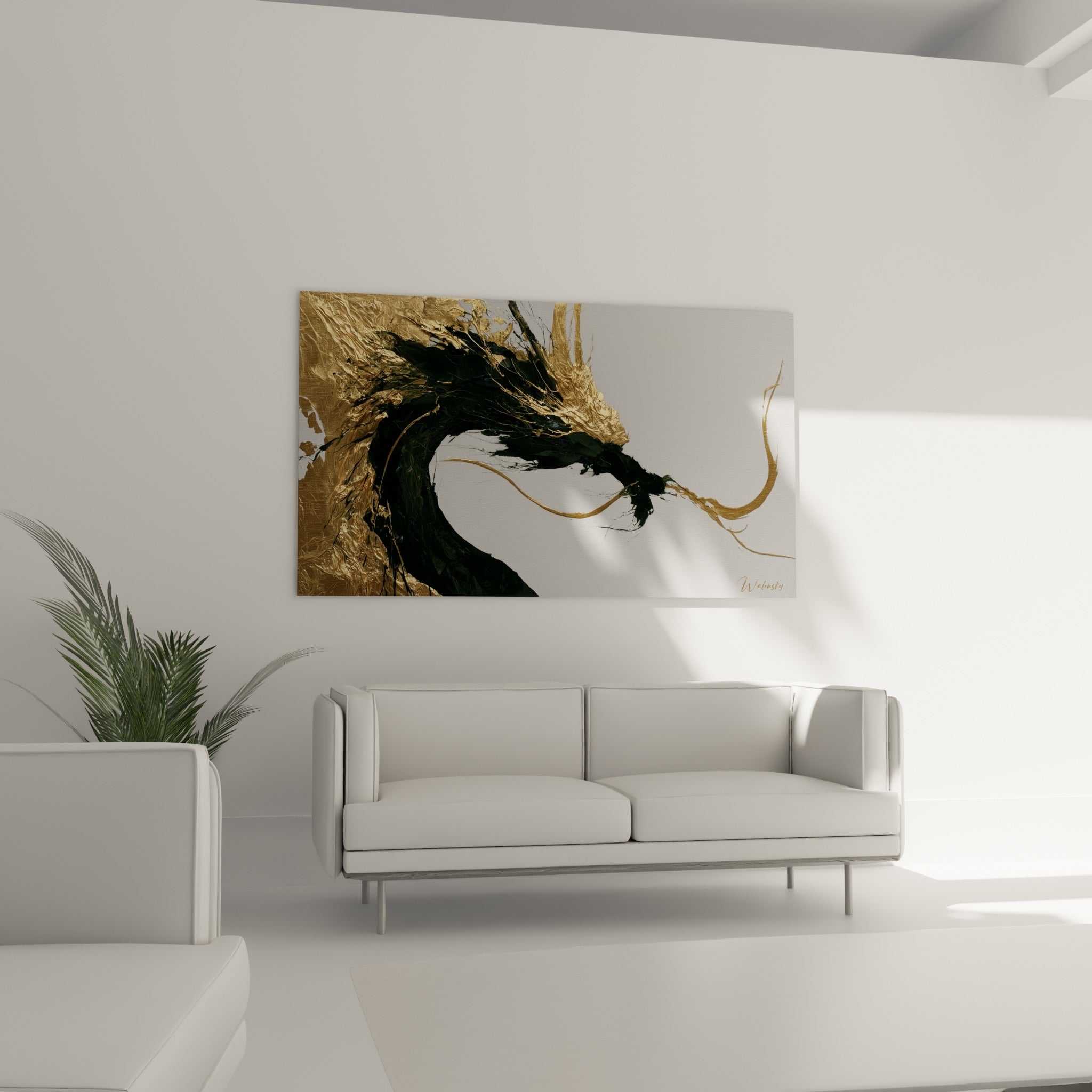 Silhouette anthracite et dorée du dragon suspendue au-dessus d'un canapé dans un salon lumineux