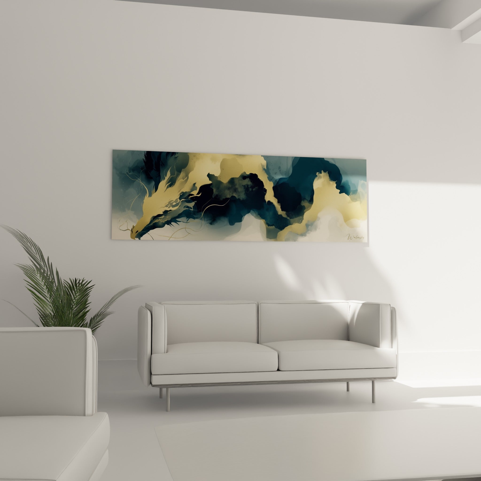 Silhouette de dragon bleu nuit et or déployée en longueur, accrochée au-dessus d'un canapé dans un salon lumineux