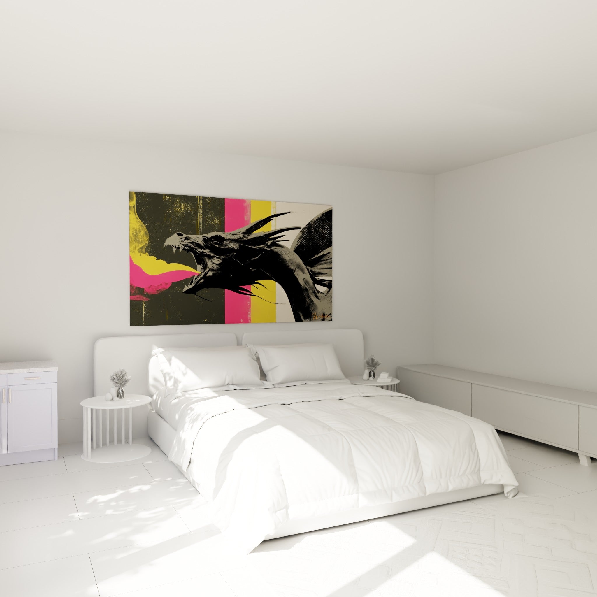 Créature dragon anthracite au souffle rose et jaune vif, accrochée au-dessus d'un lit dans une chambre claire