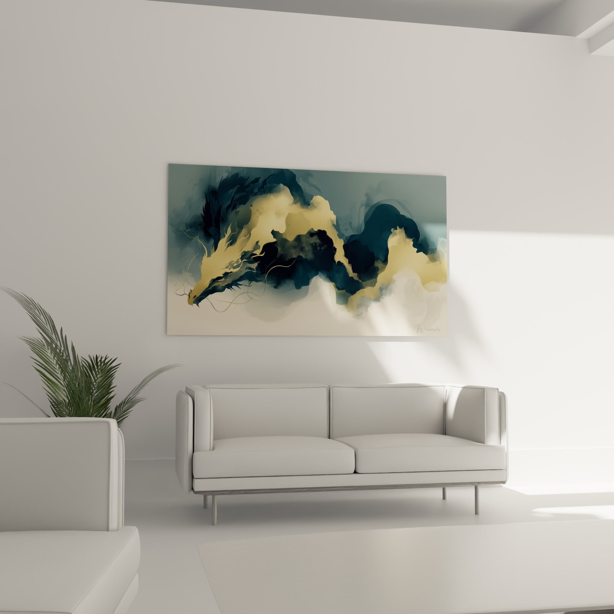 Silhouette de dragon bleu marine et beige sable, au-dessus d'un canapé dans un salon lumineux