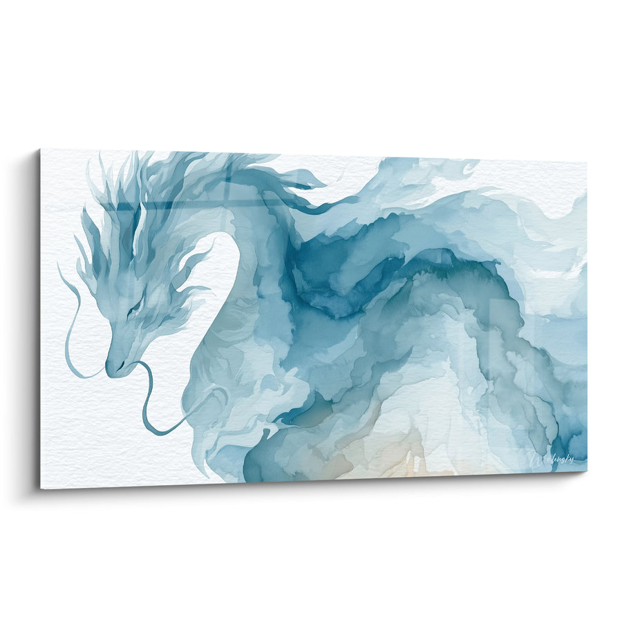 Tableau Dragon bleu pâle et blanc en aquarelle diffuse - Dos incurvé translucide - Edition Dragon